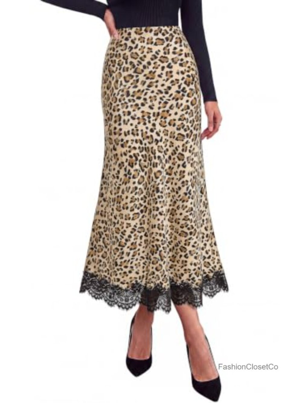 Flowy Satin Midi A-Line Skirt with Lace Trim